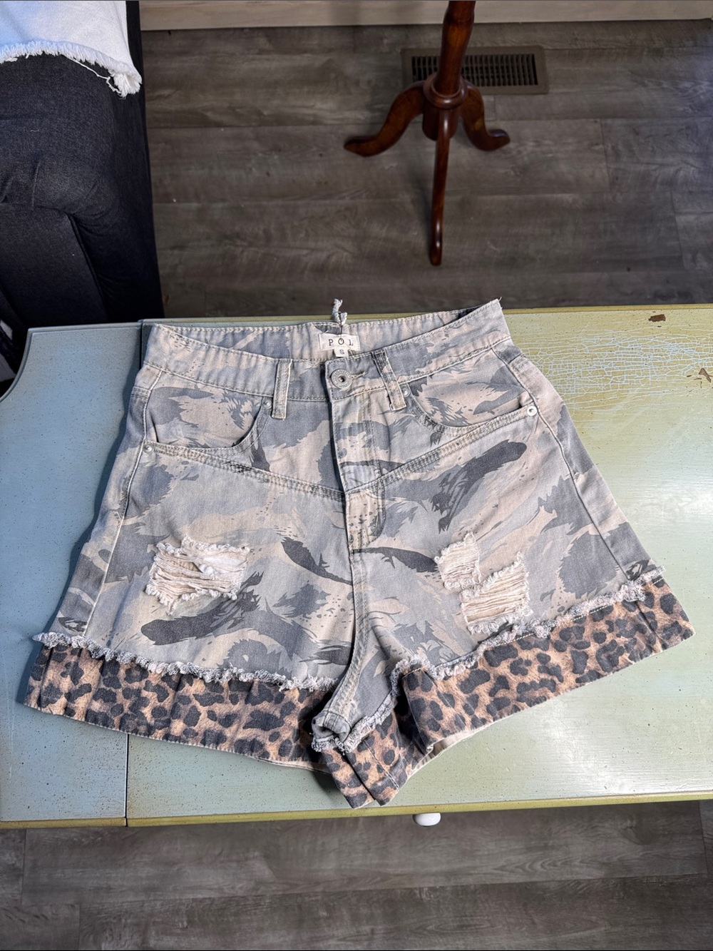POL Super Cute Gray Camouflage Denim Shorts with Leopard Trim